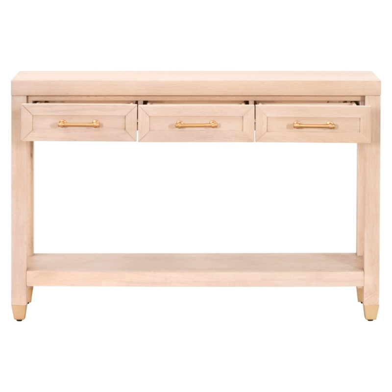 Transitional Matte White Console Table with Gold Hardware and Foot Caps