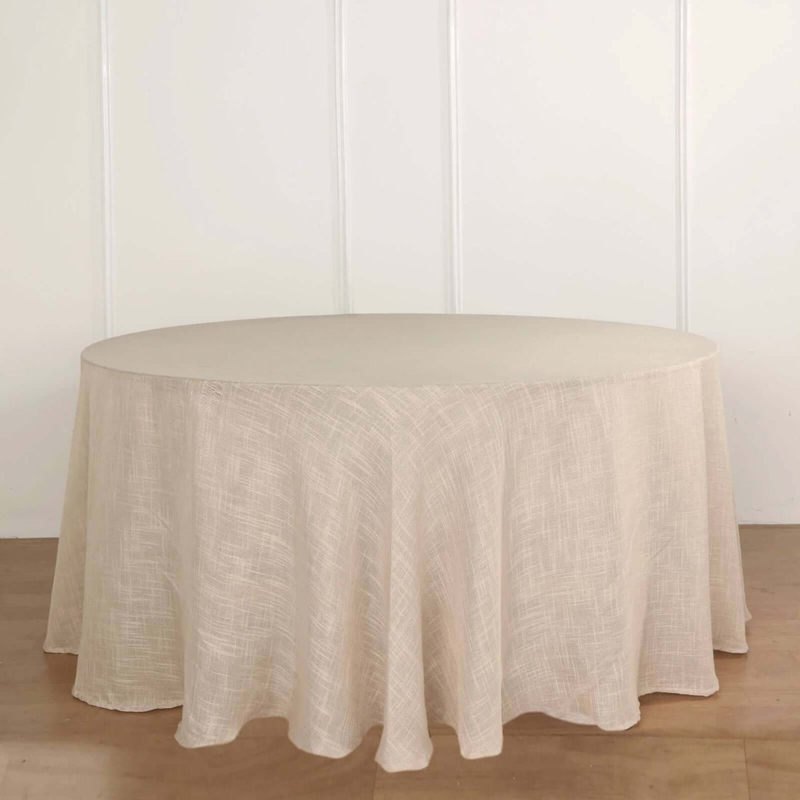 Transitional Round Beige Tablecloth, Slubby Linen Texture