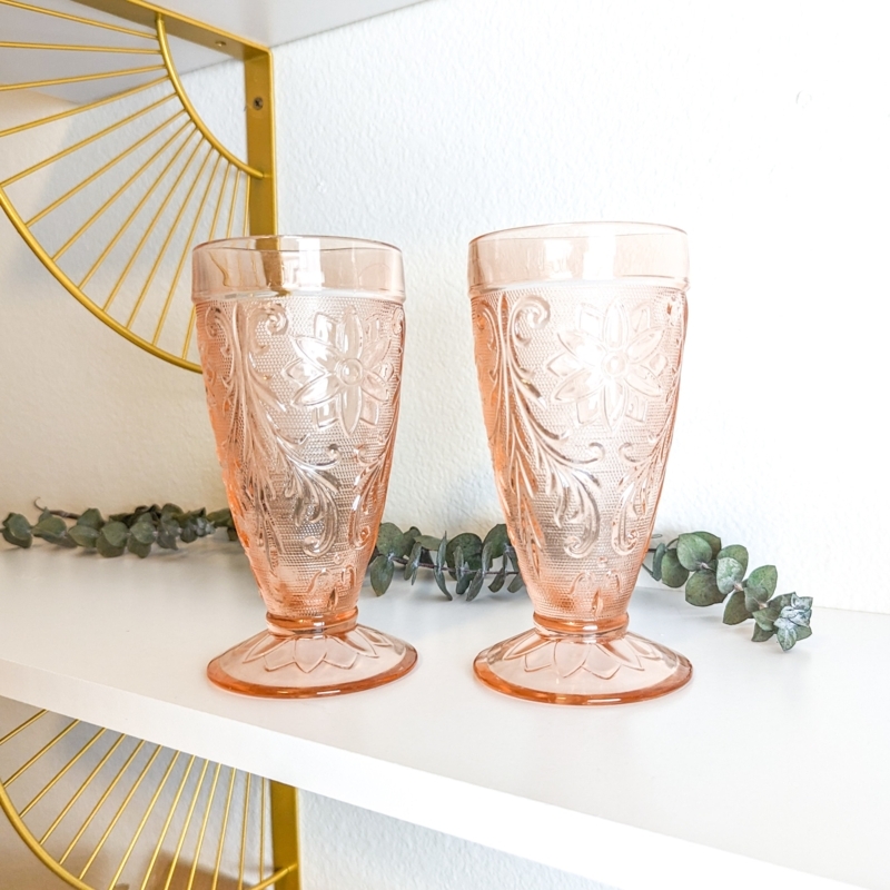 Tumbler Pair Glass Footed Base Embossed Floral Scrollwork Shabby Chic