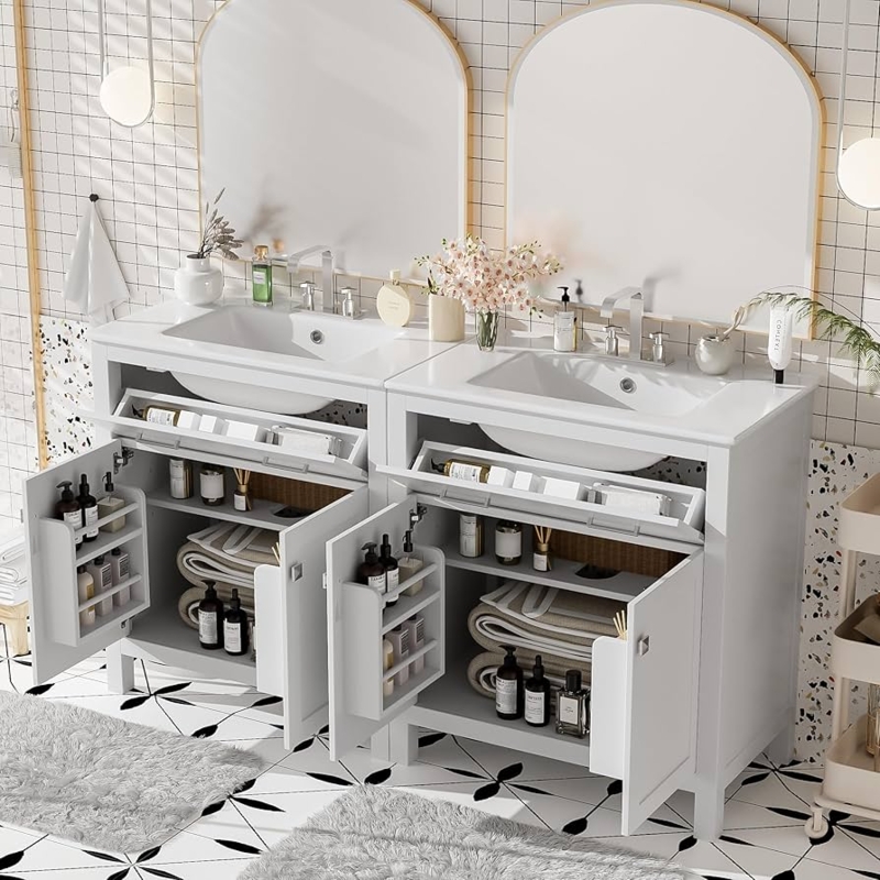Twin White Bathroom Vanities, Door Racks & Flip-Down Drawers