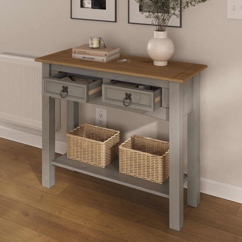 Two-Tone Console Table Honey Top Ring Pulls Farmhouse Base