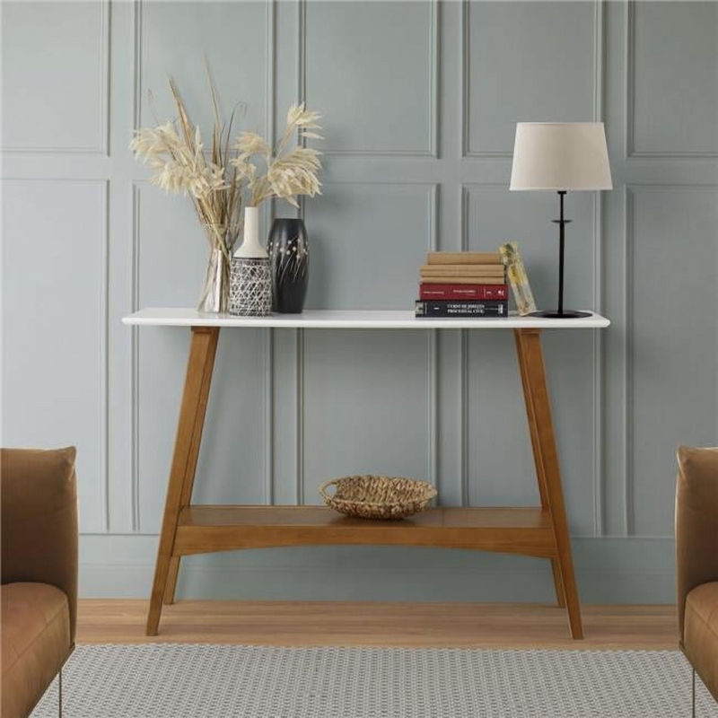Two Tone Console Table White Top Wood Frame and Lower Shelf