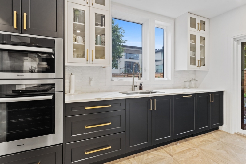 Two Tone Kitchen Cabinets Charcoal & White with Parquet Floor