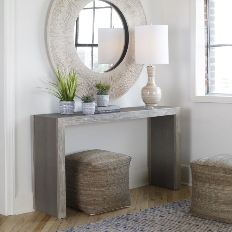 U-Shaped Console Table Aged Wood Transitional Coastal Style