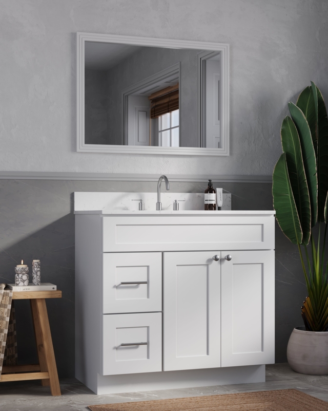 Vanity with Asymmetric Drawer Layout & Marbled Quartz Top