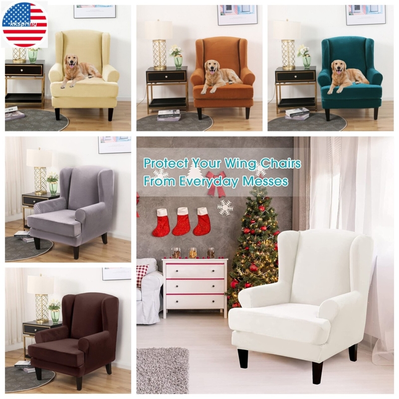 Velvet Wingback Chair Slipcovers Stretch Fit Pet Friendly