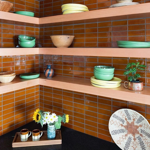 Vertical Stack Subway Tile Backsplash Glossy Amber Glaze