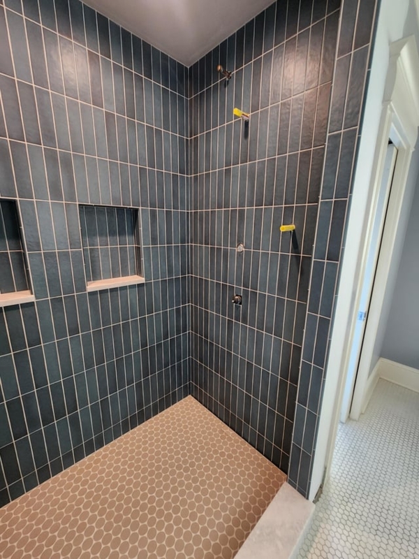 Vertical Teal Tile Shower Enclosure Penny Mosaic Floor Modern
