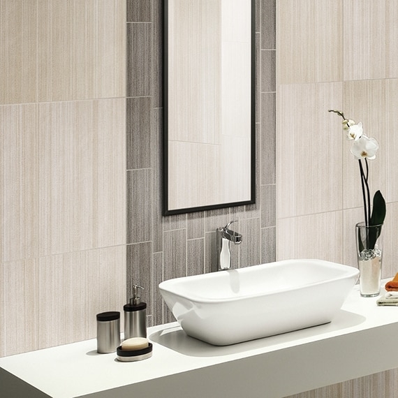 Vessel Sink Vanity: Modern Linear Textured Tile & Vertical Accent