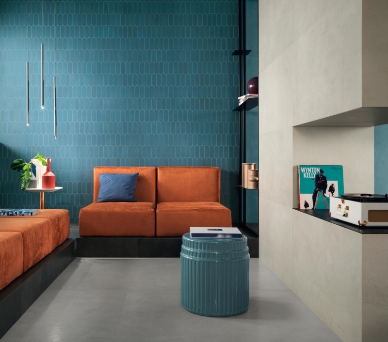 Vibrant Living Room Teal Fish Scale Wall Orange Modular Sofa