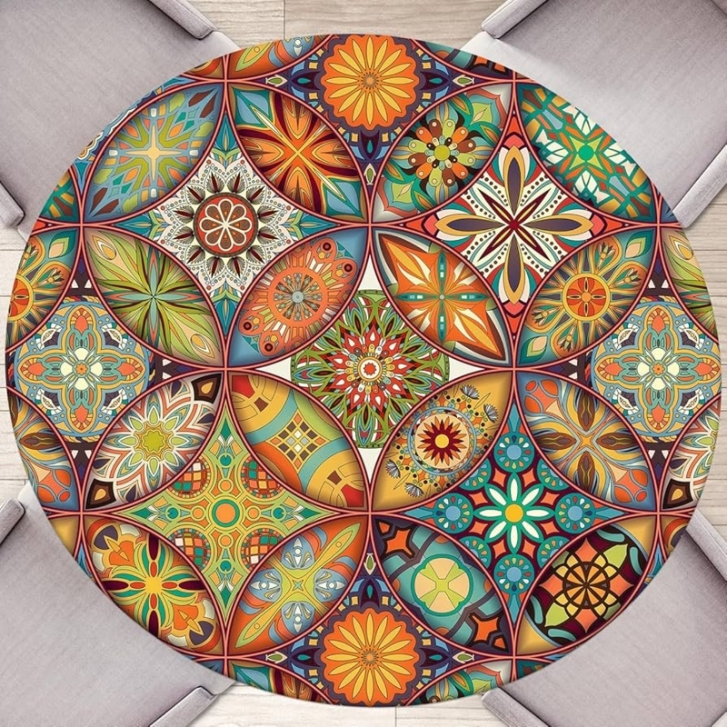 Vibrant Mandala Tablecloth Round Fitted Red Orange Bohemian Decor
