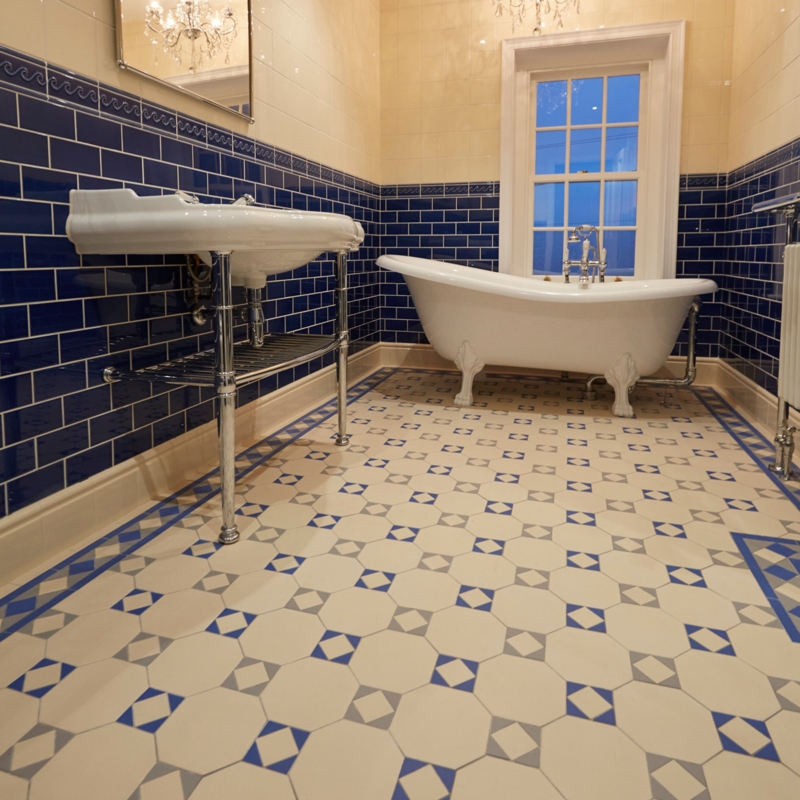 Victorian Bathroom Geometric Floor Tiles Navy Blue Wainscoting