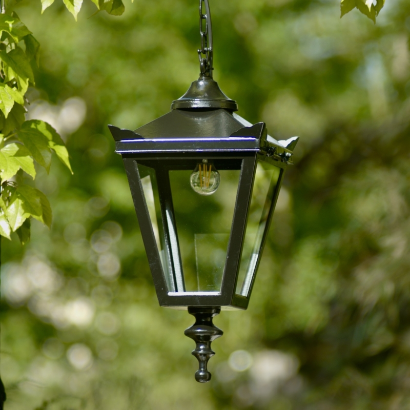 Victorian Hanging Lantern, Black, Tapered Shape, Exposed Filament Bulb