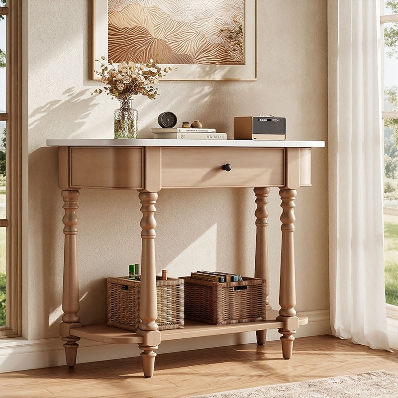 Vintage Beige Console Table Curved Corners Turned Legs Single Drawer