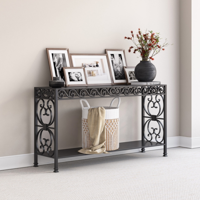 Vintage Console Table Black Wrought Iron Scrollwork Apron Two Tier
