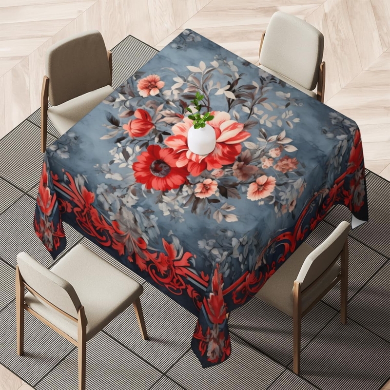 Vintage Floral Tablecloth with Red and Blue Palette, Ornate Border Boho