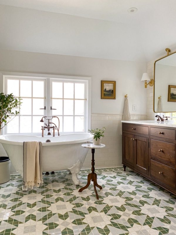 Vintage Mosaic Bathroom Floor With Green Star Pattern And Clawfoot Tub