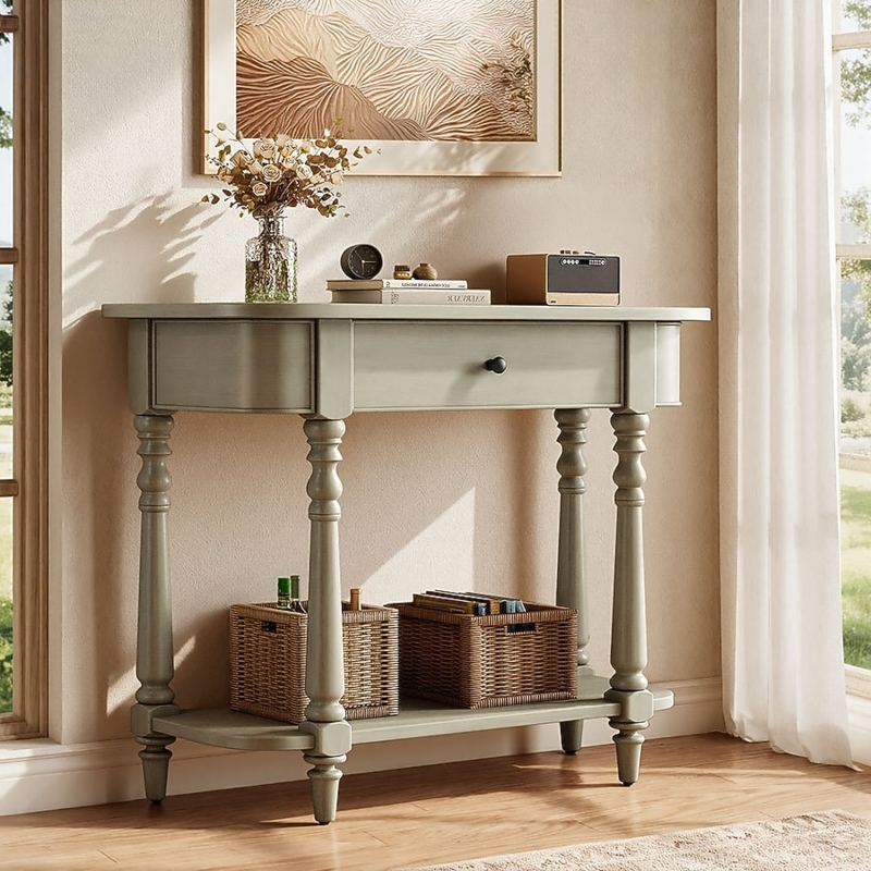 Vintage Sage Console Table Turned Spindle Legs Curved Corners