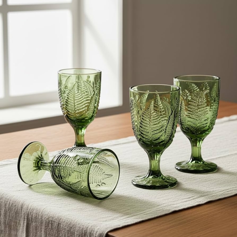 Vintage Style Emerald Green Glass Goblet with Embossed Fern Botanical