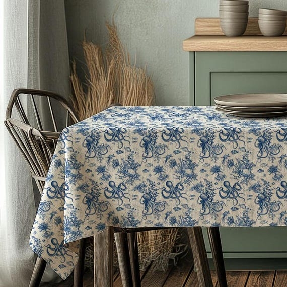 Vintage Style Linen Tablecloth with Indigo Octopus Print