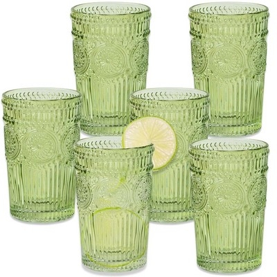 Vintage Style Sage Green Drinking Glass Set featuring Medallion Patterns