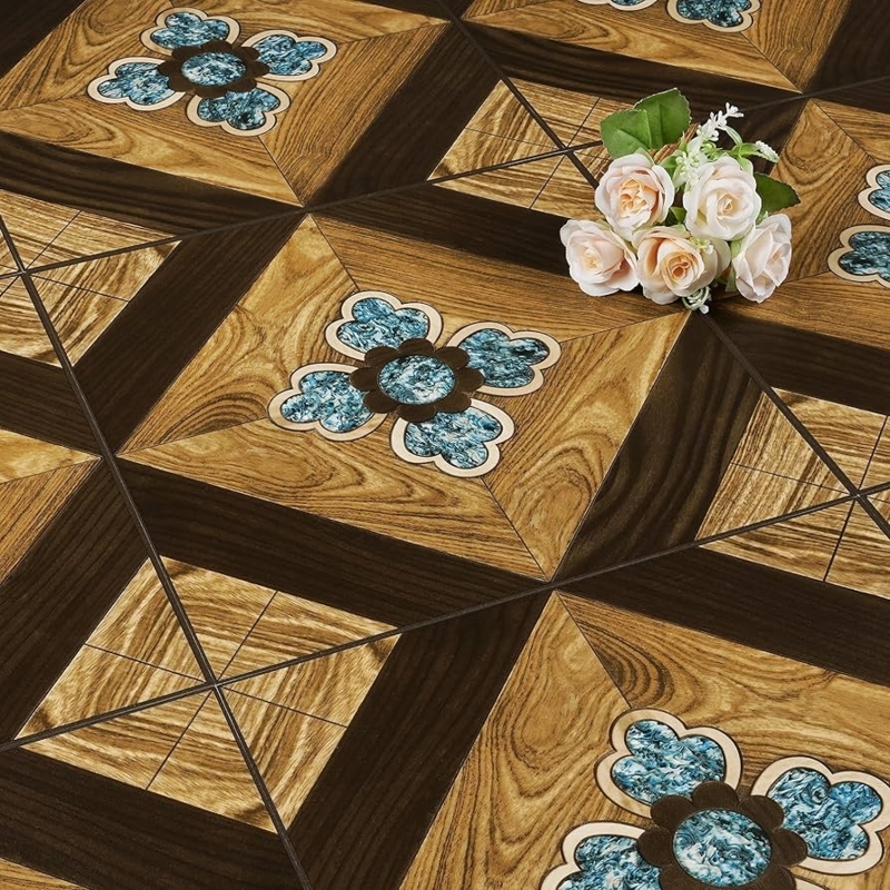 Vinyl Floor Tile Peel And Stick Retro Floral Blue Marbled Wood Grain