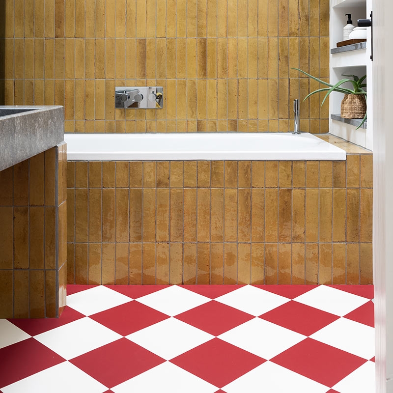Vinyl Flooring Diagonal Checkerboard Venetian Red Matte Bold Bathroom