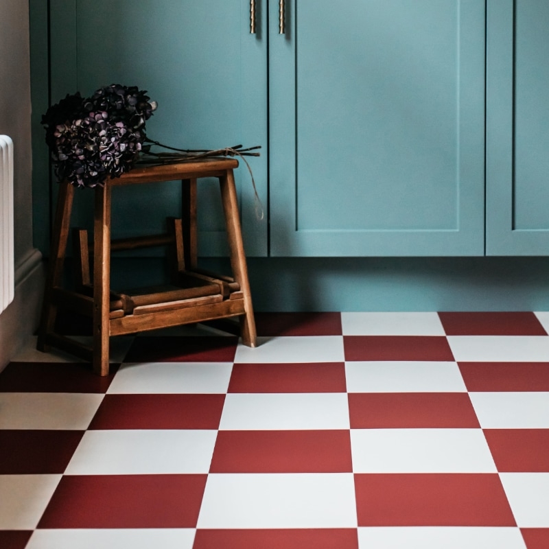 Vinyl Flooring Venetian Red Checkerboard Matte Vintage Style Kitchen