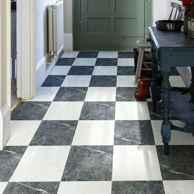 Vinyl Tile High Contrast Flooring Marble Veined Checkerboard Layout