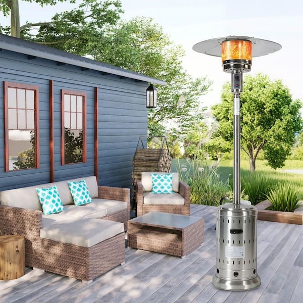 Visible Flame Patio Heater, Brushed Silver Propane Tower Heater for Deck.