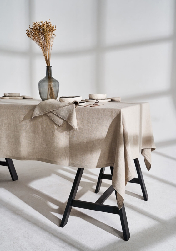 Wabi Sabi Beige Linen Tablecloth, Organic Draped Silhouette