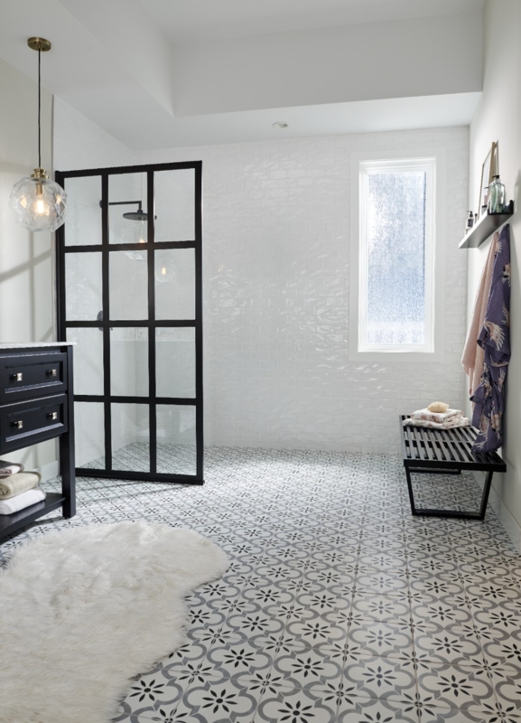 Walk-In Shower Layout featuring Black Grid Enclosure and Patterned Tile
