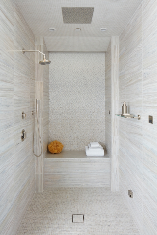 Walk-In Shower: Minimalist Design with Mosaic Back Wall & Bench