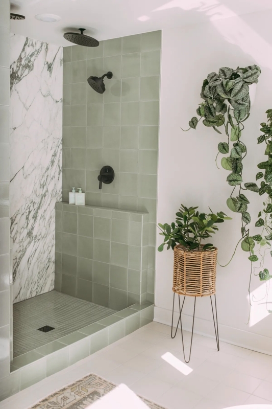 Walk-In Shower: Sage Green Square Tile, Marble Accent & Matte Black