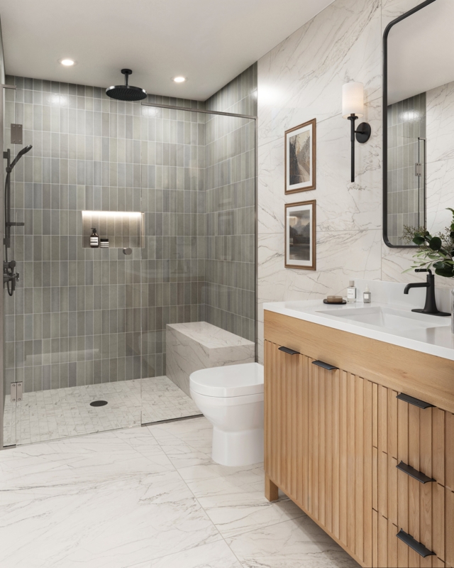 Walk-In Shower: Vertical Stack Subway Tile & Fluted Wood Vanity