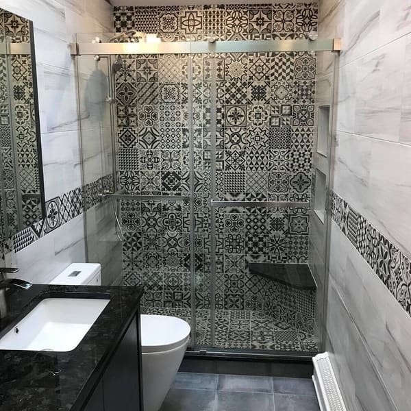 Wall And Floor Tile Black And White Patchwork Moroccan Shower