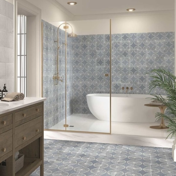 Wall And Floor Tile Continuous Pattern Sunburst Motif Dusty Blue Modern