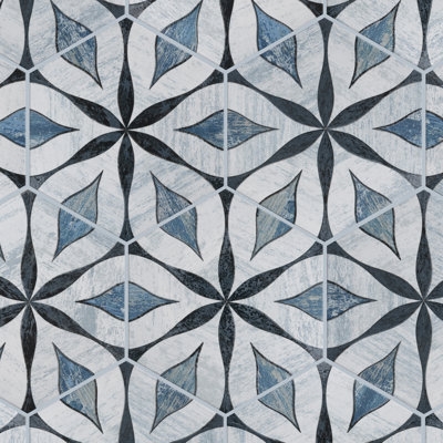 Wall And Floor Tile Hexagonal Flower Pattern Weathered Denim Distressed