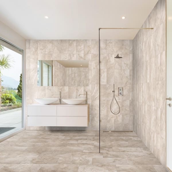 Wall And Floor Tile Matte Finish Seamless Look Floating Double Vanity