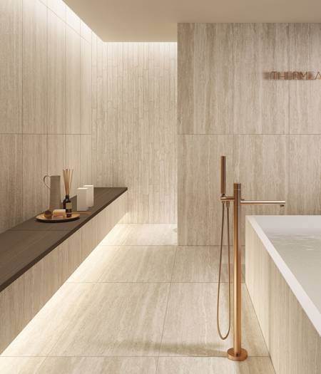 Wall & Floor Tile: Vein Cut Pattern, Copper Faucet, Minimalist Spa Design