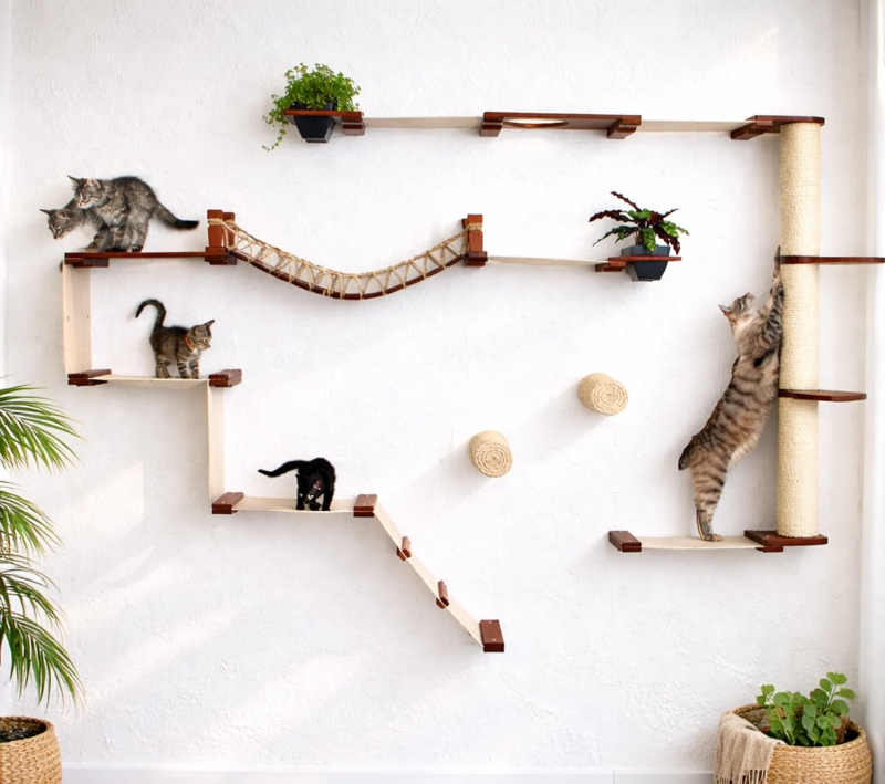 Wall Mounted Cat Playground Bridge Integrated Planters Dark Wood