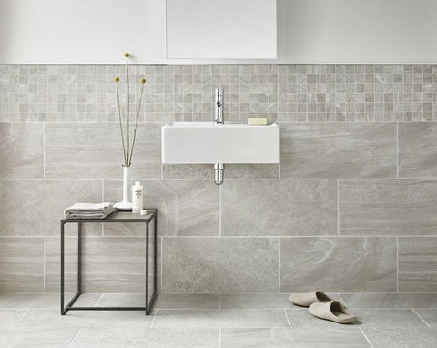 Wall Mounted Sink: Stone Look Tiles & Mosaic Accent Border Design