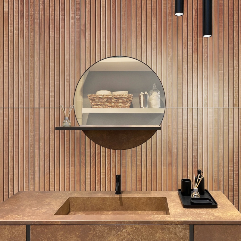 Wall Paneling Ribbed Wood Toned Slatted Pattern Minimalist Bathroom