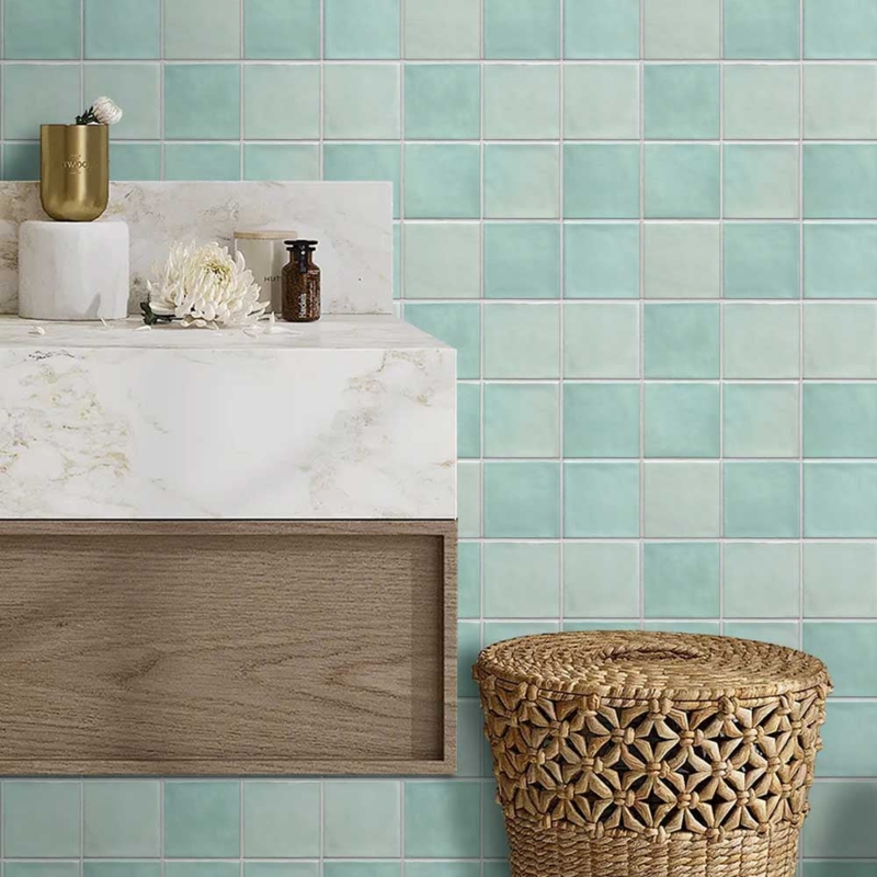 Wall Tile 3D Beveled Square, Light Teal Peel and Stick for Vanity