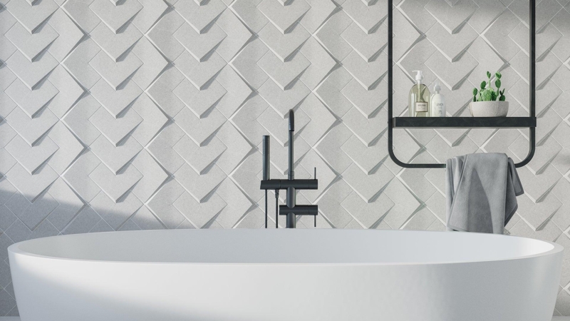 Wall Tile, 3D Chevron Relief, Matte Grey Geometric Pattern