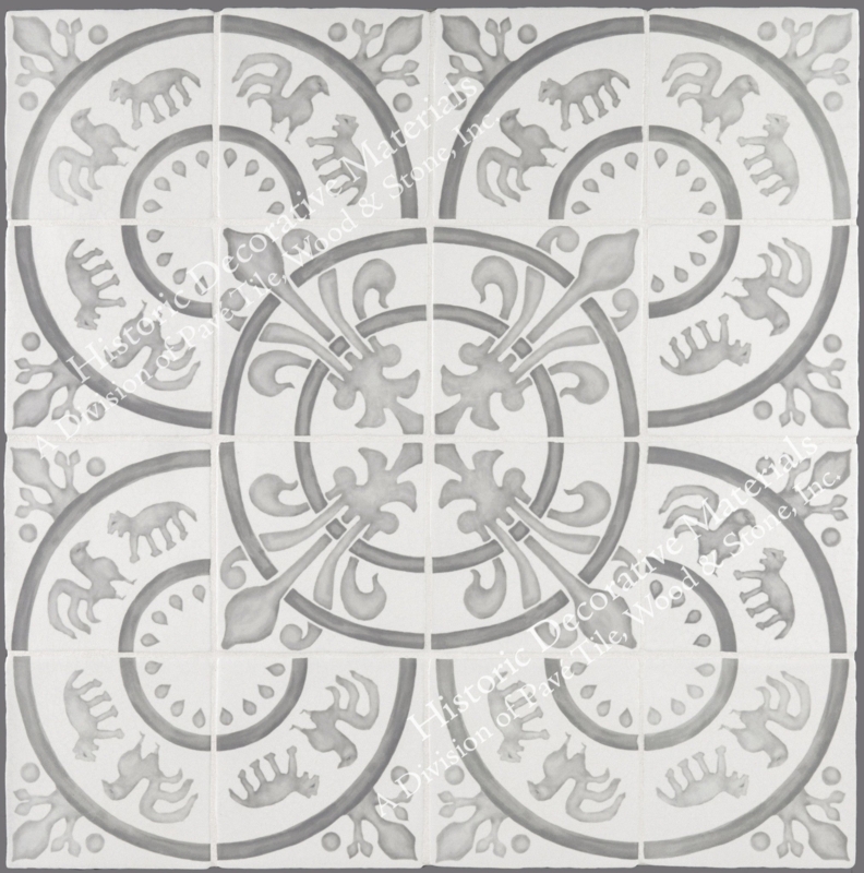 Wall Tile Antiqued Grey Circular Medallion Animal Motifs Encaustic Style