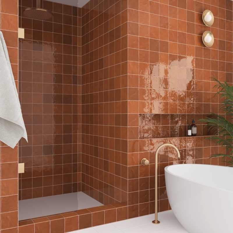 Wall Tile Artisan Burnt Sienna Glossy Modern Bathroom