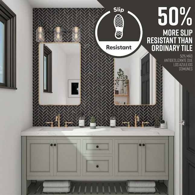 Wall Tile Black Herringbone Layout Matte Stone Look Ceramic