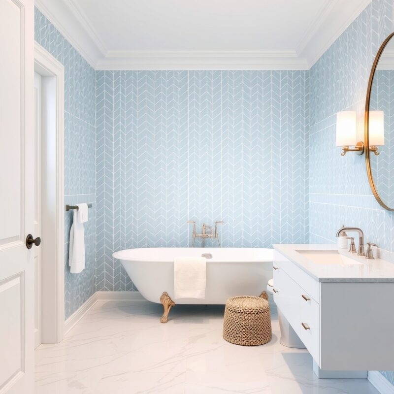 Wall Tile Blue Chevron Light Blue Coastal Bathroom Clawfoot Tub