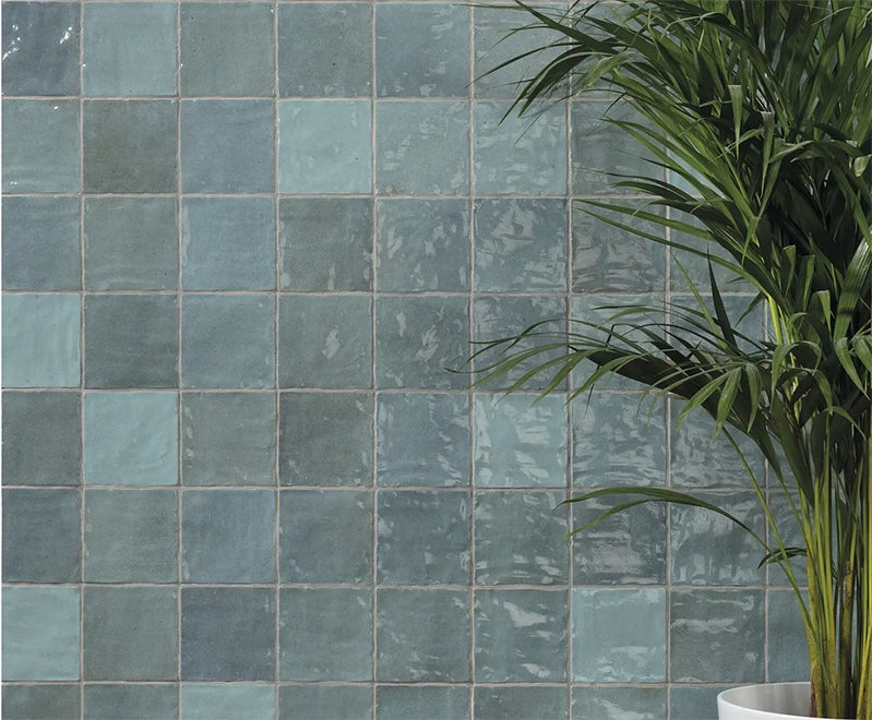 Wall Tile: Blue Glossy Square Tonal Variation Handmade Look Rippled Surface